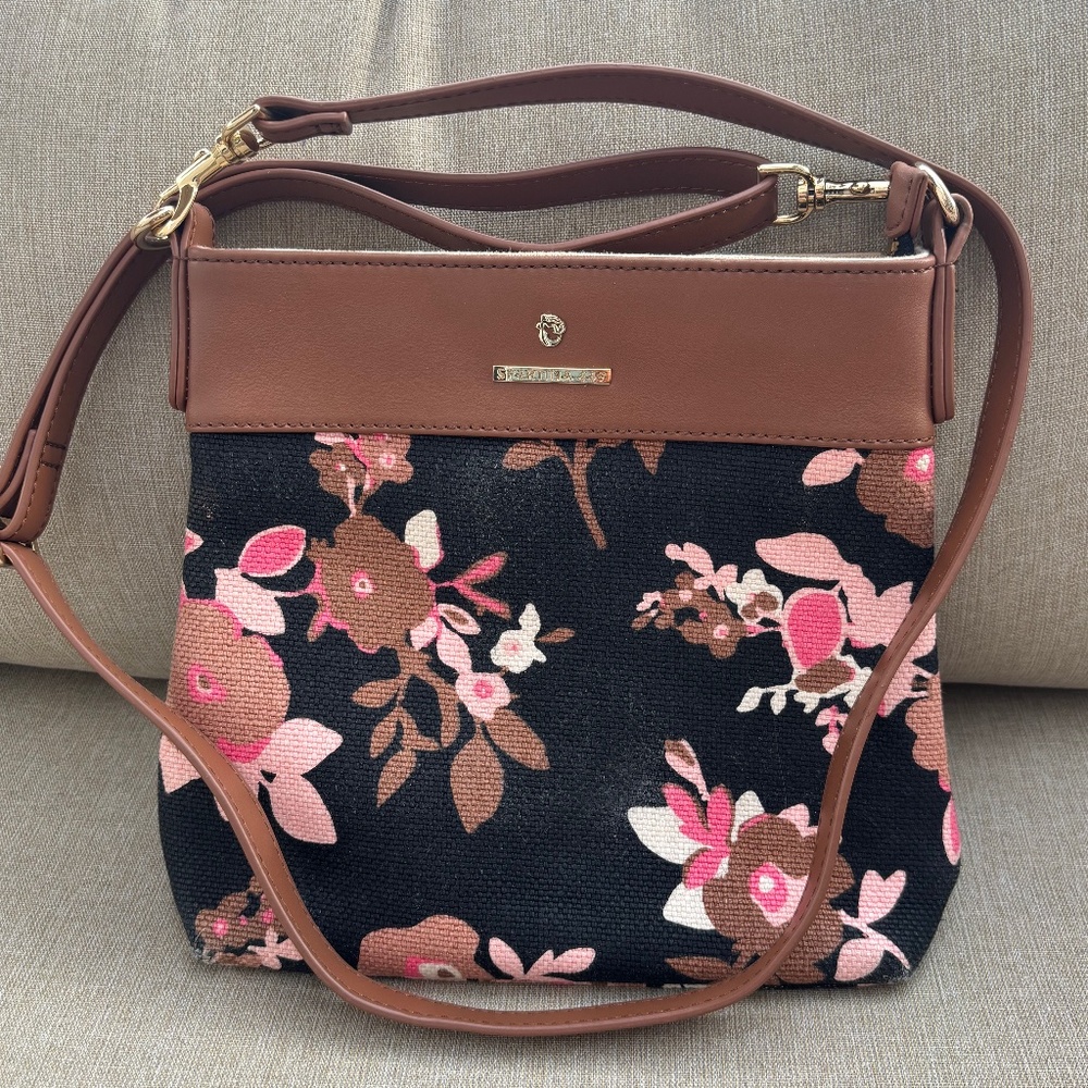 Spartina 449 Black & Pink Floral Natural Linen Genuine Leather Crossbody Bag